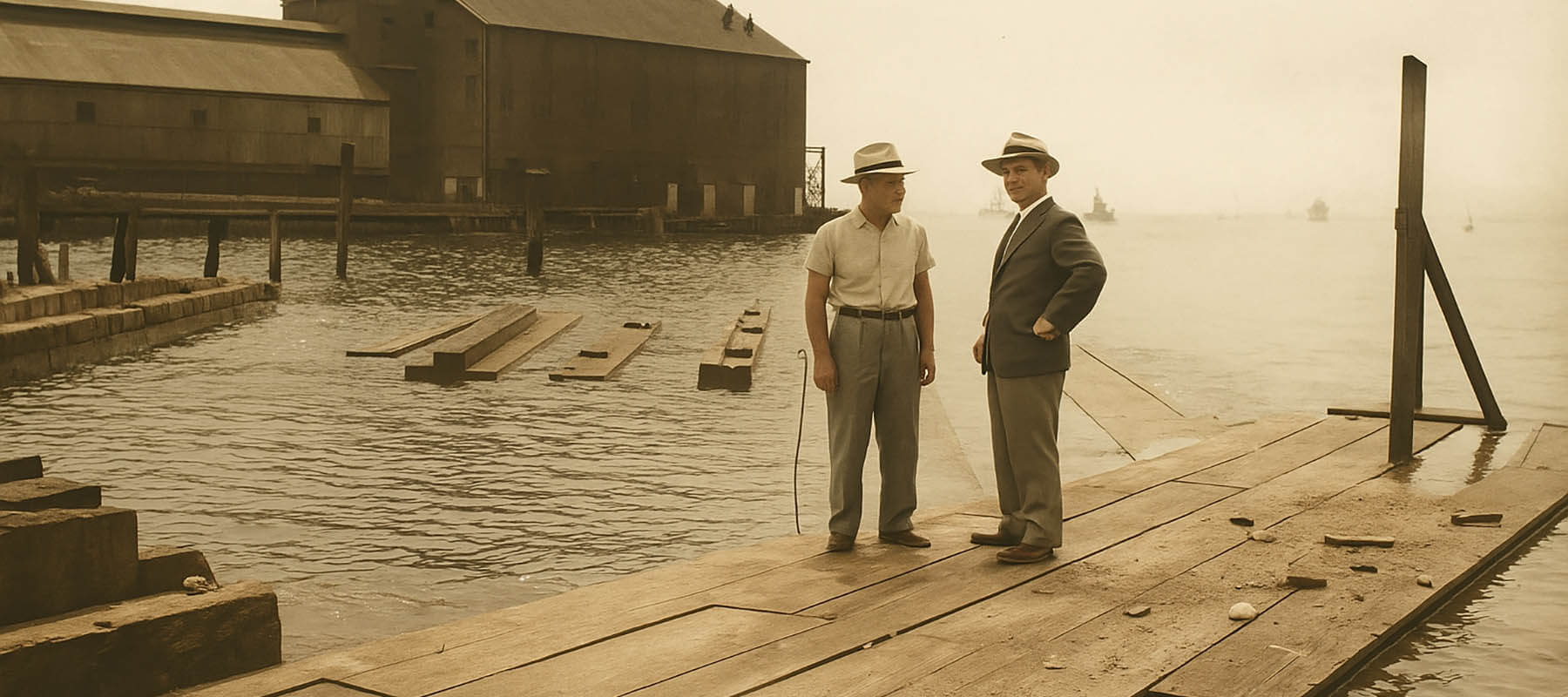 an old photograpgh depicting the founders of Rukert Terminals standing on a pier